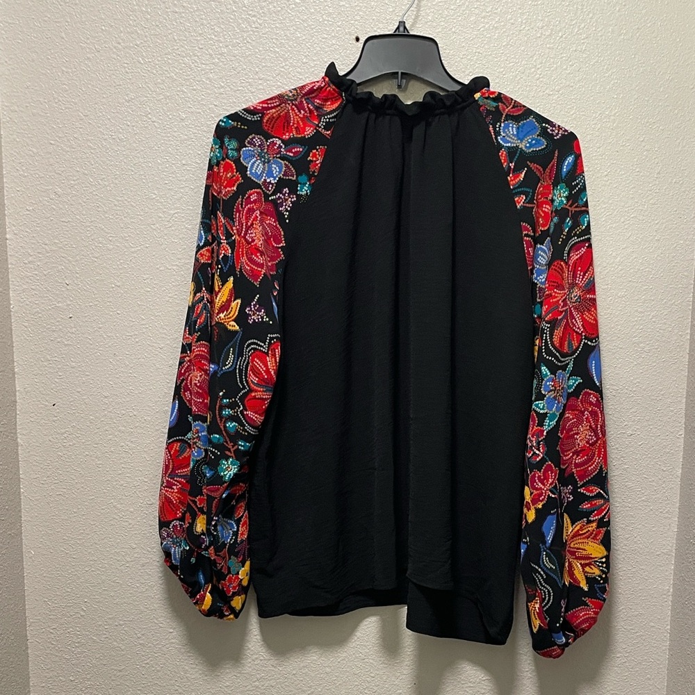 Haptics Black Blouse with Vibrant Floral Sleeves